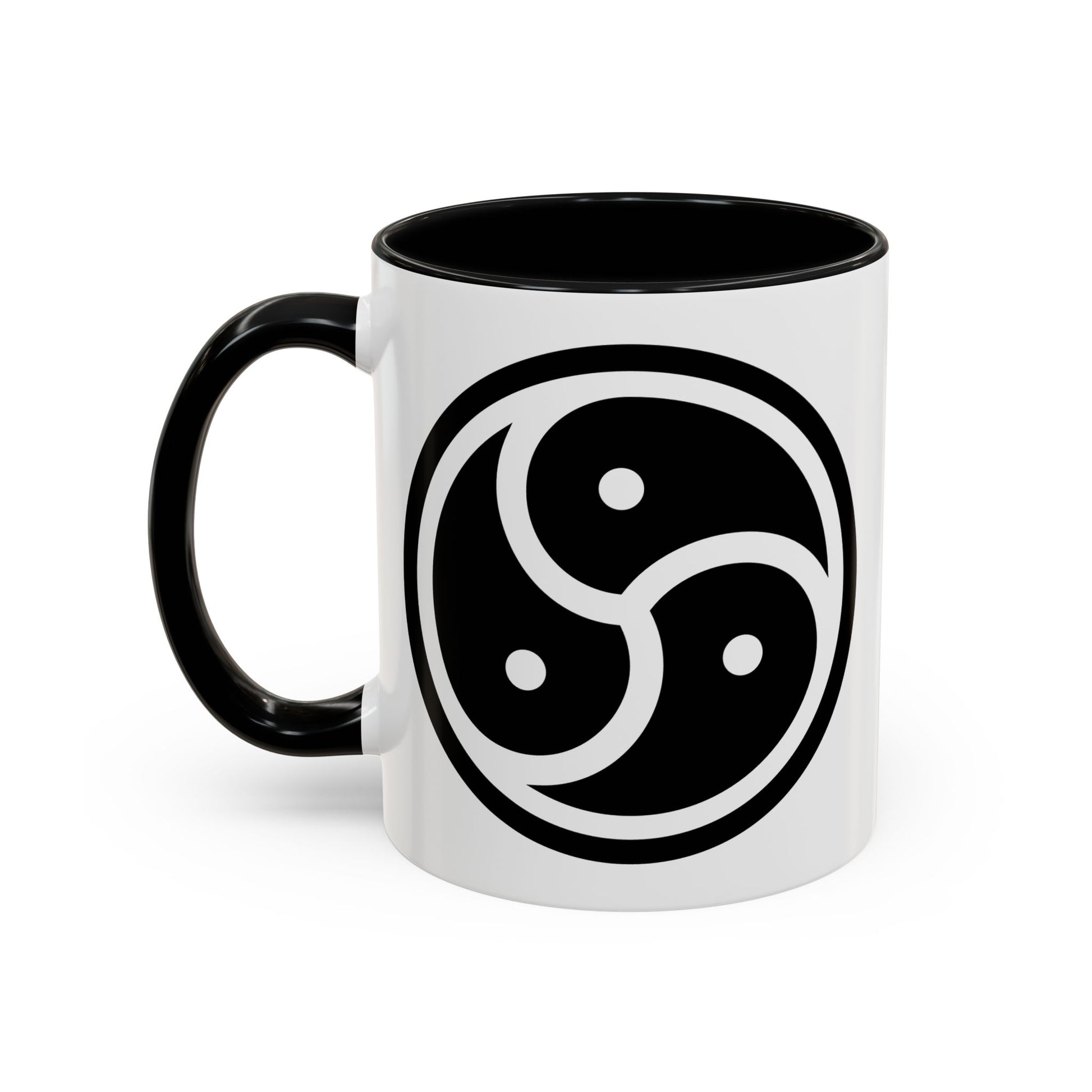 Tri Yin Yang Symbol Coffee Mug - Double Sided Print, Black Accent White Ceramic, 11oz by TheGlassyLass.com