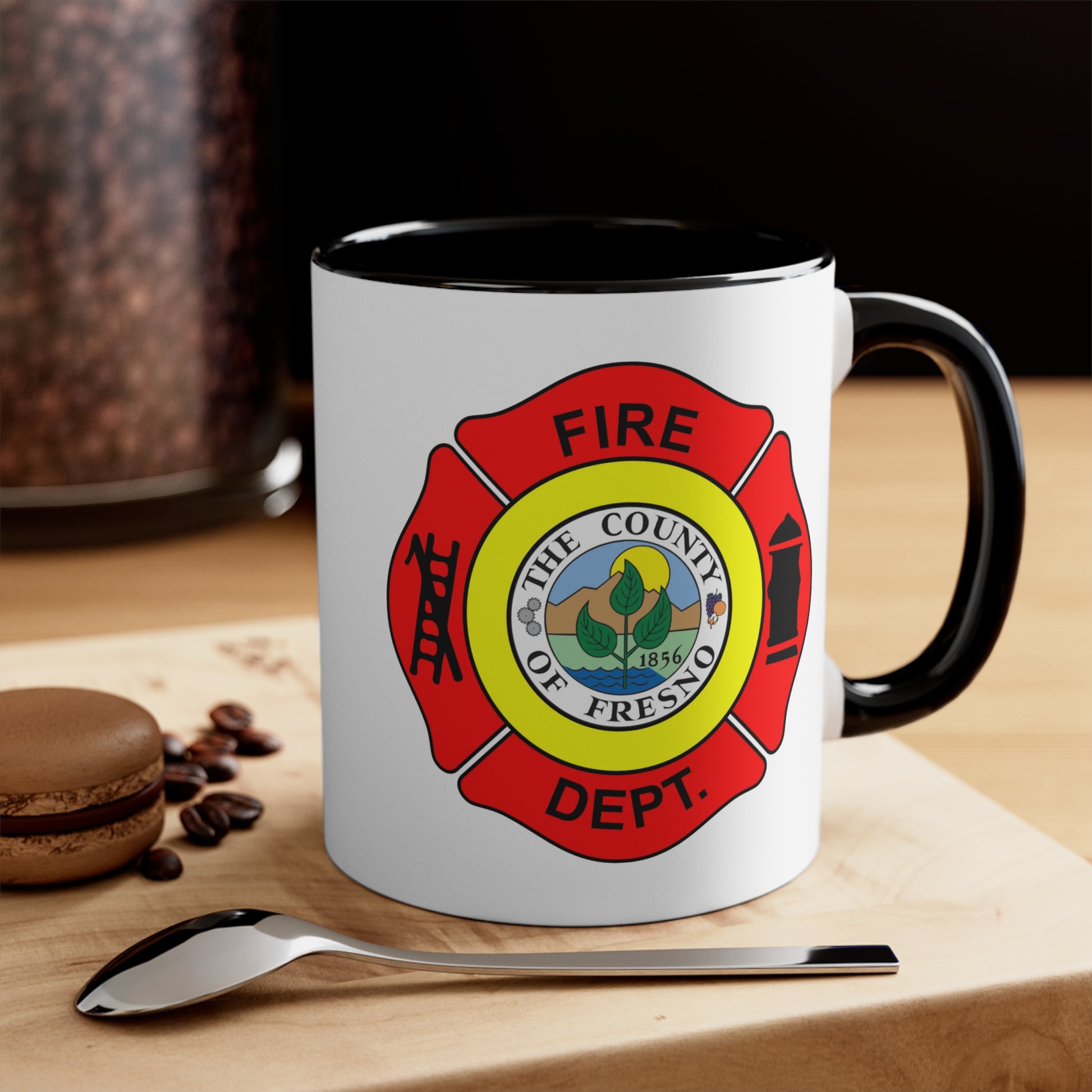 Fresno Fire Department Coffee Mug - Double Sided Black Accent White Ceramic 11oz by TheGlassyLass.com