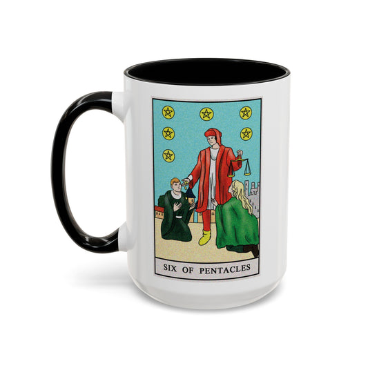 Six of Pentacles Tarot Card Coffee Mug - Double Sided Black Accent White Ceramic 15oz by TheGlassyLass.com