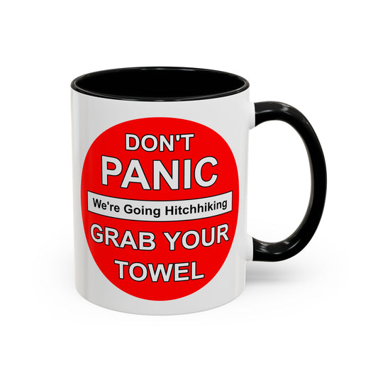 Don't Panic Coffee Mug - Double Sided Black Accent White Ceramic 11oz by TheGlassyLass.com