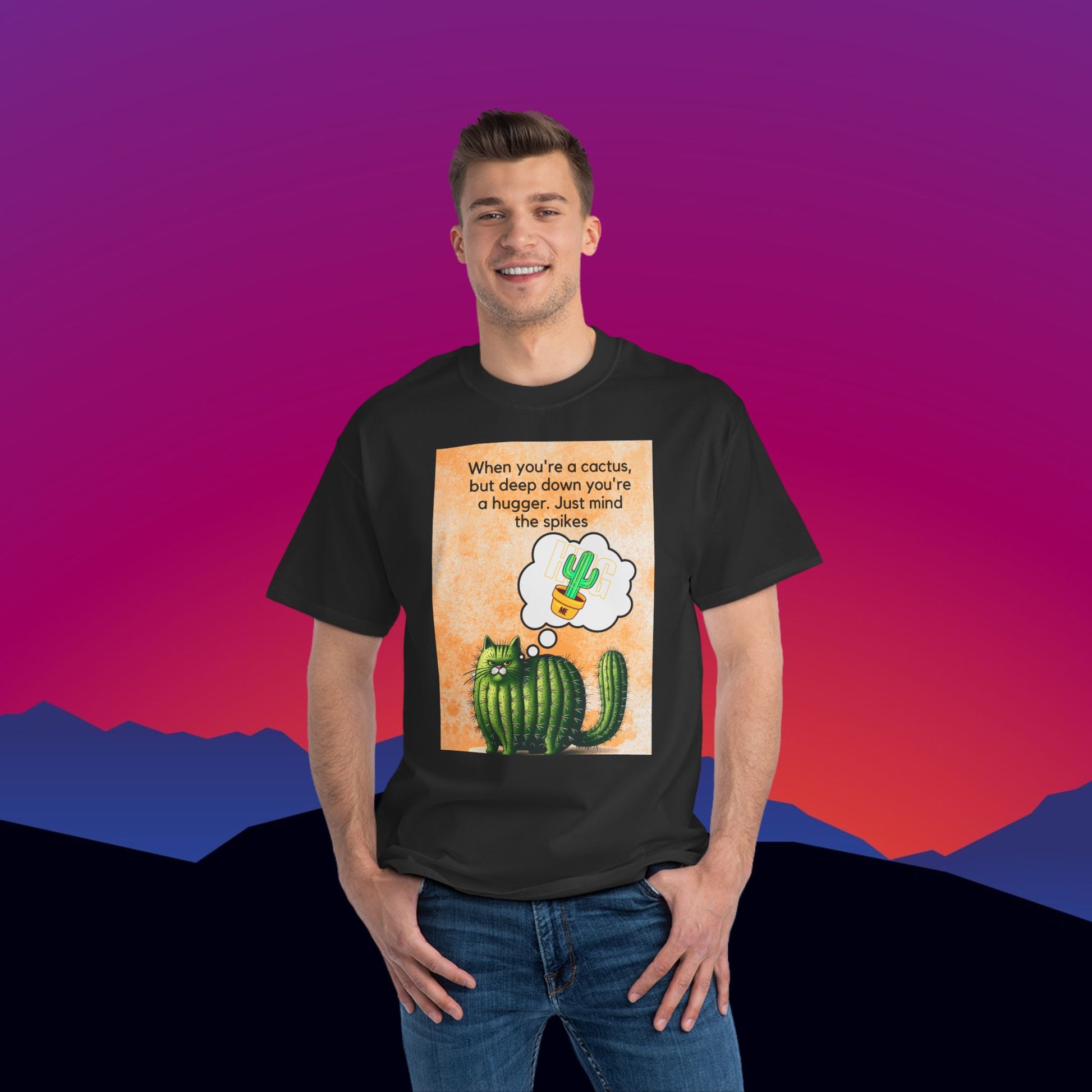 Cactus Hug Cat T-Shirt: (Hanes Beefy-T 100% Preshrunk Cotton Custom Printed by TheGlassyLass.com