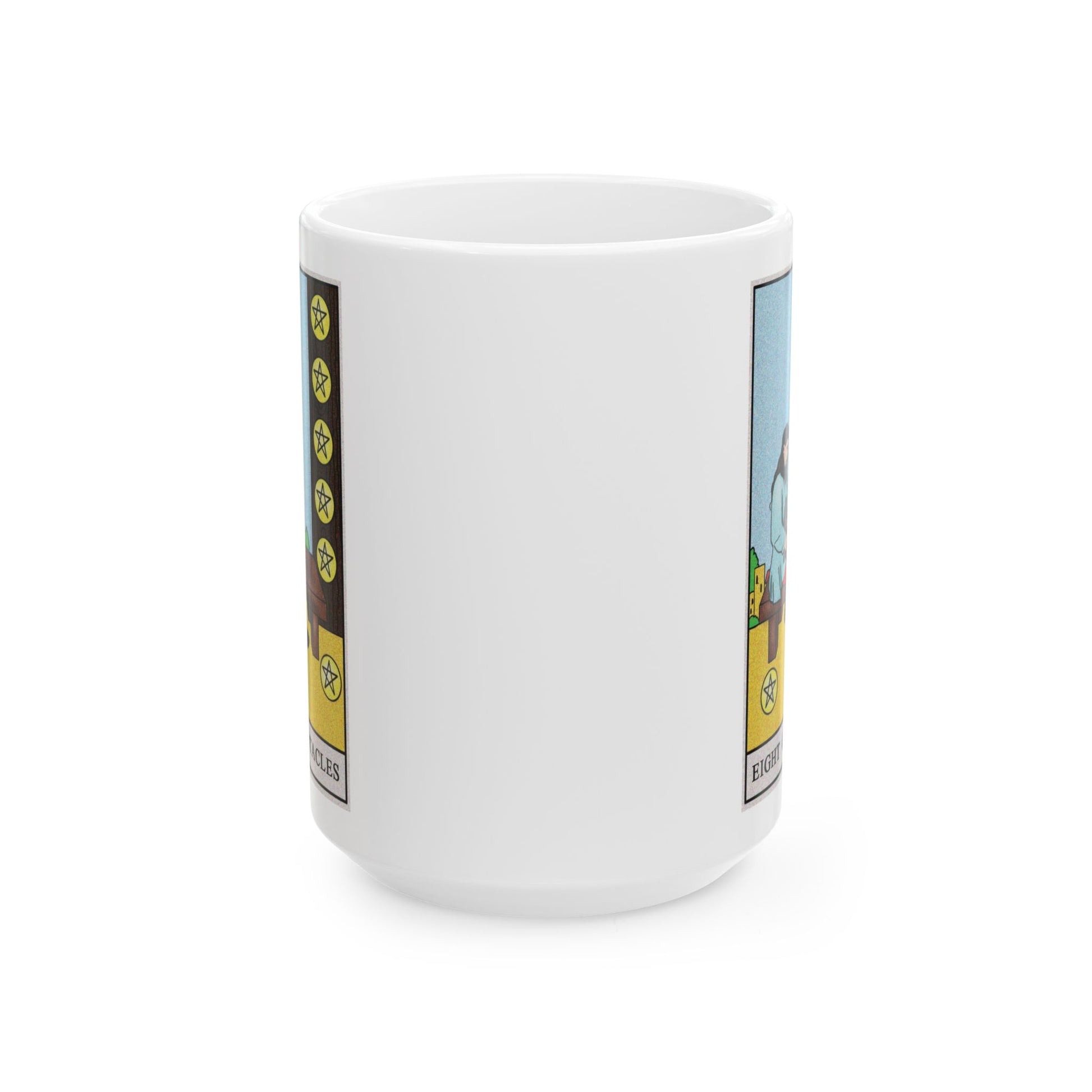 Eight of Pentacles Tarot Card Coffee Mug - Double Sided White Ceramic 15oz by TheGlassyLass.com