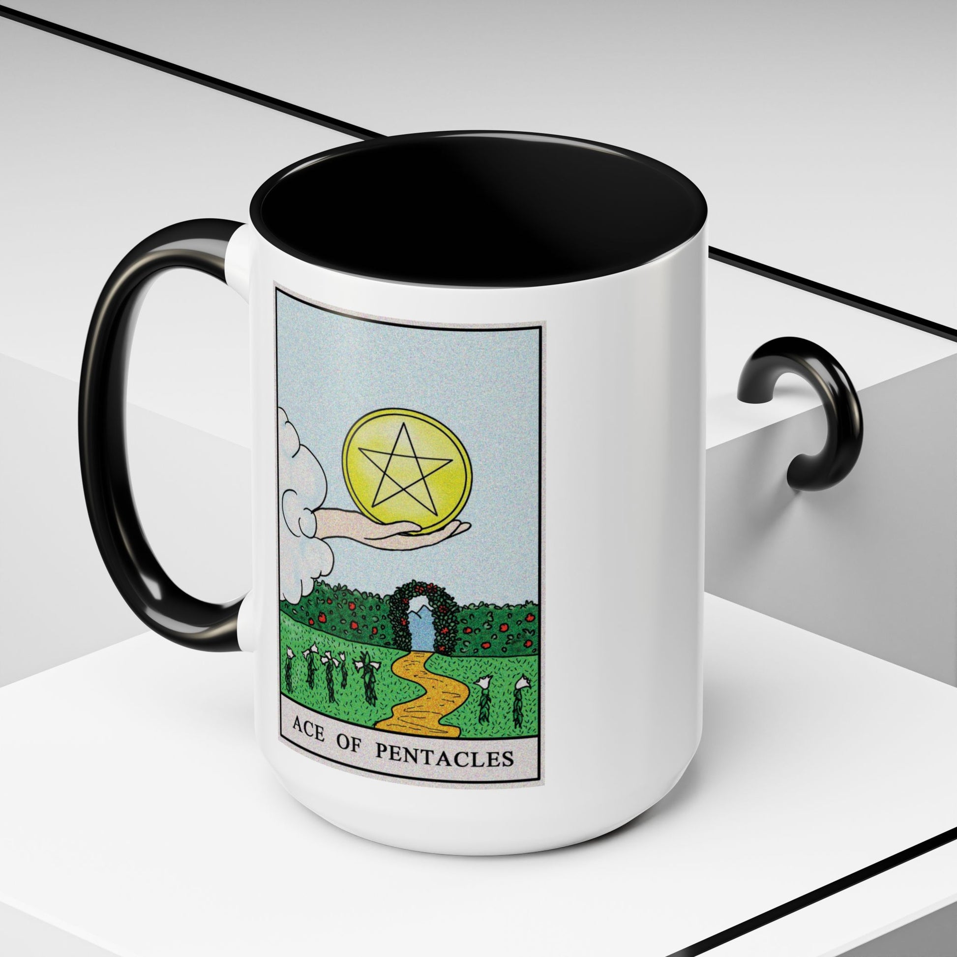 Ace of Pentacles Tarot Card Coffee Mug - Double Sided Black Accent White Ceramic 15oz by TheGlassyLass.com