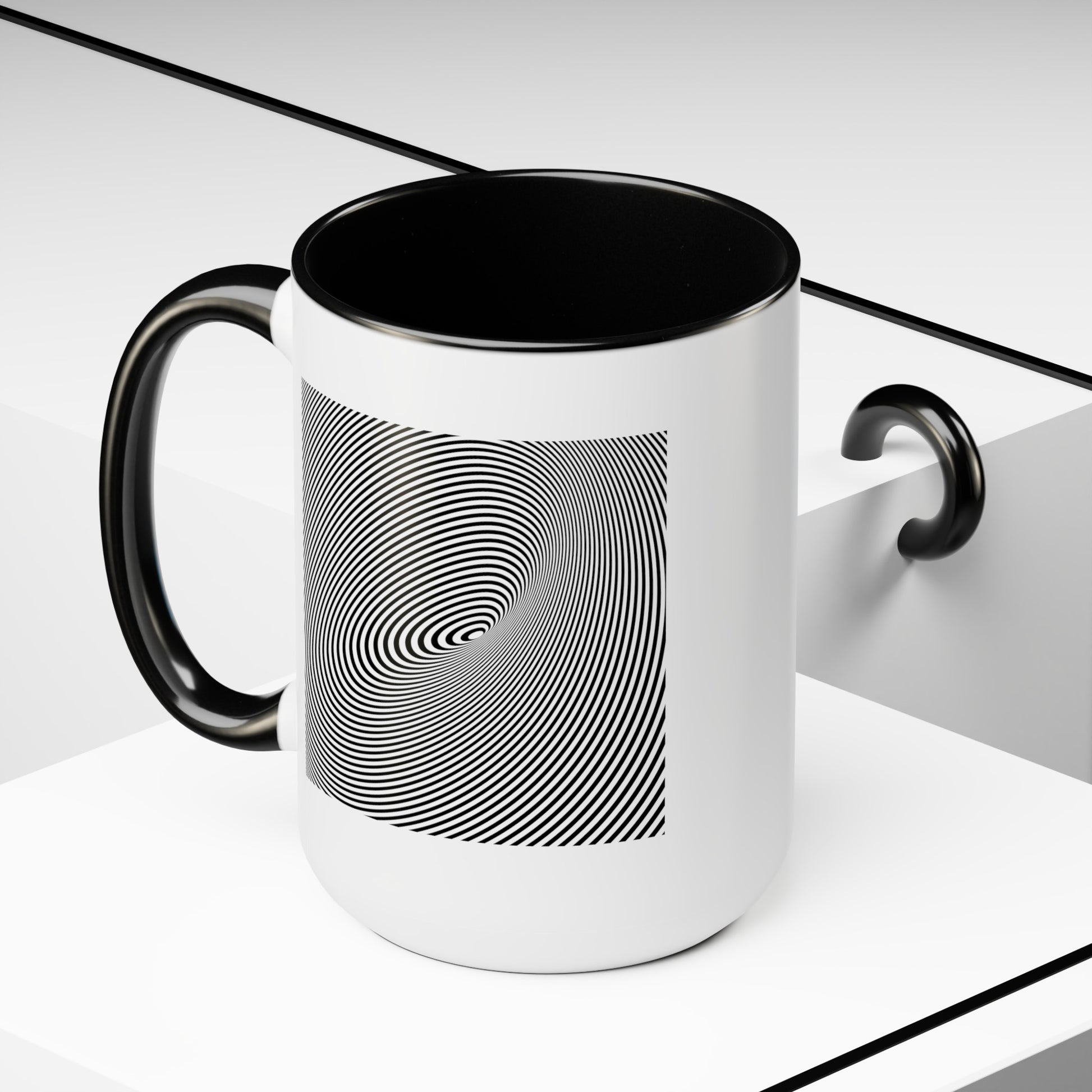 Spiral Illusion Coffee Mugs - Double Sided Black Accent White Ceramic 15oz by TheGlassyLass.com