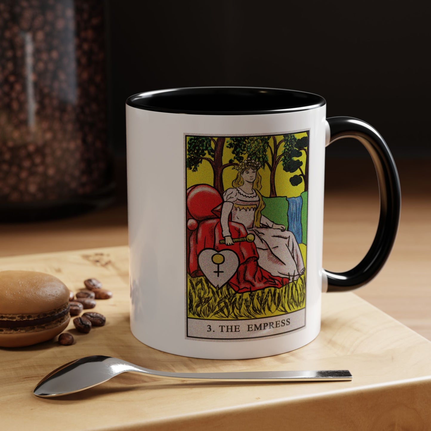 The Empress Tarot Card Coffee Mug - Double Sided Print, Black Accent White Ceramic, 11oz by TheGlassyLass