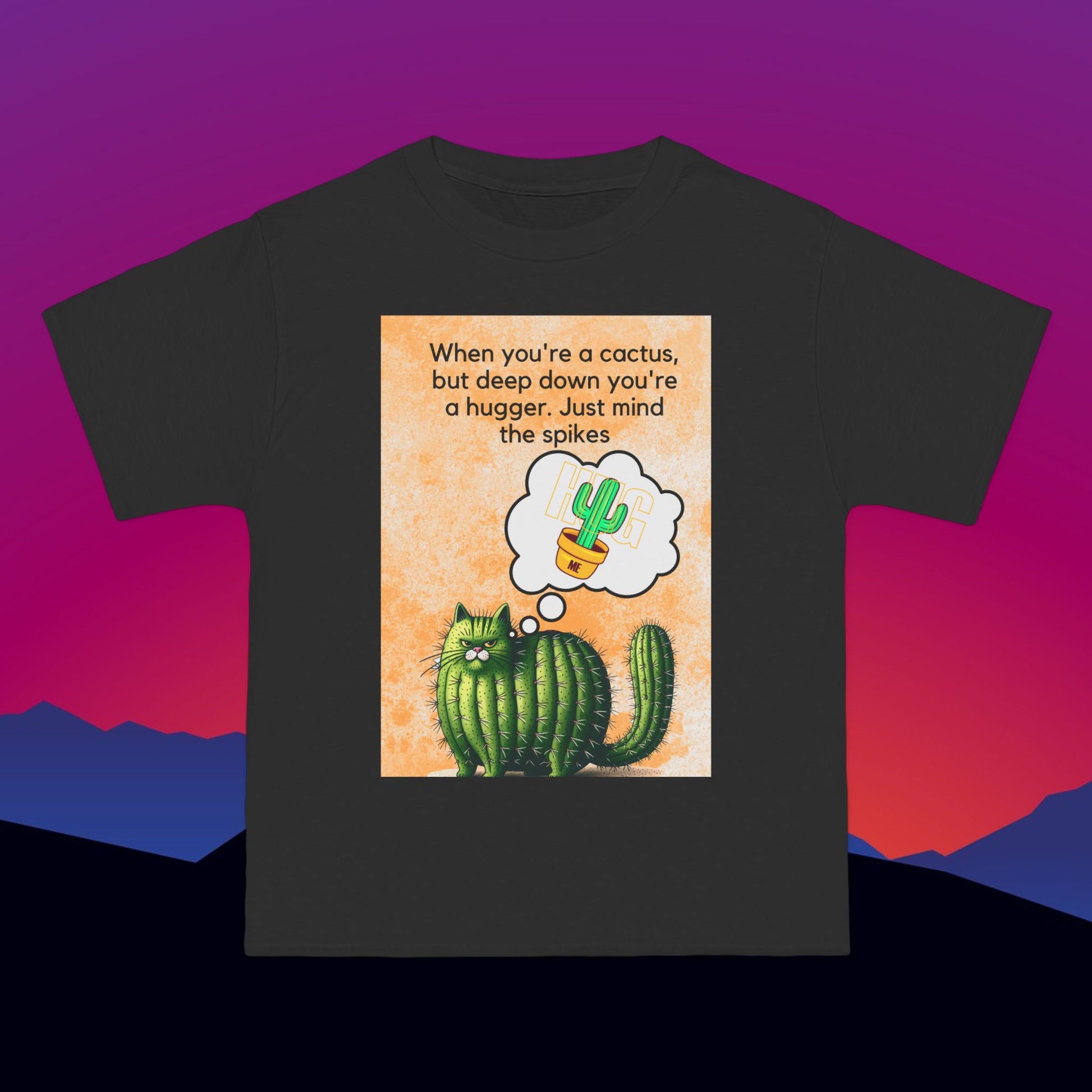 Cactus Hug Cat T-Shirt: (Hanes Beefy-T 100% Preshrunk Cotton Custom Printed by TheGlassyLass.com