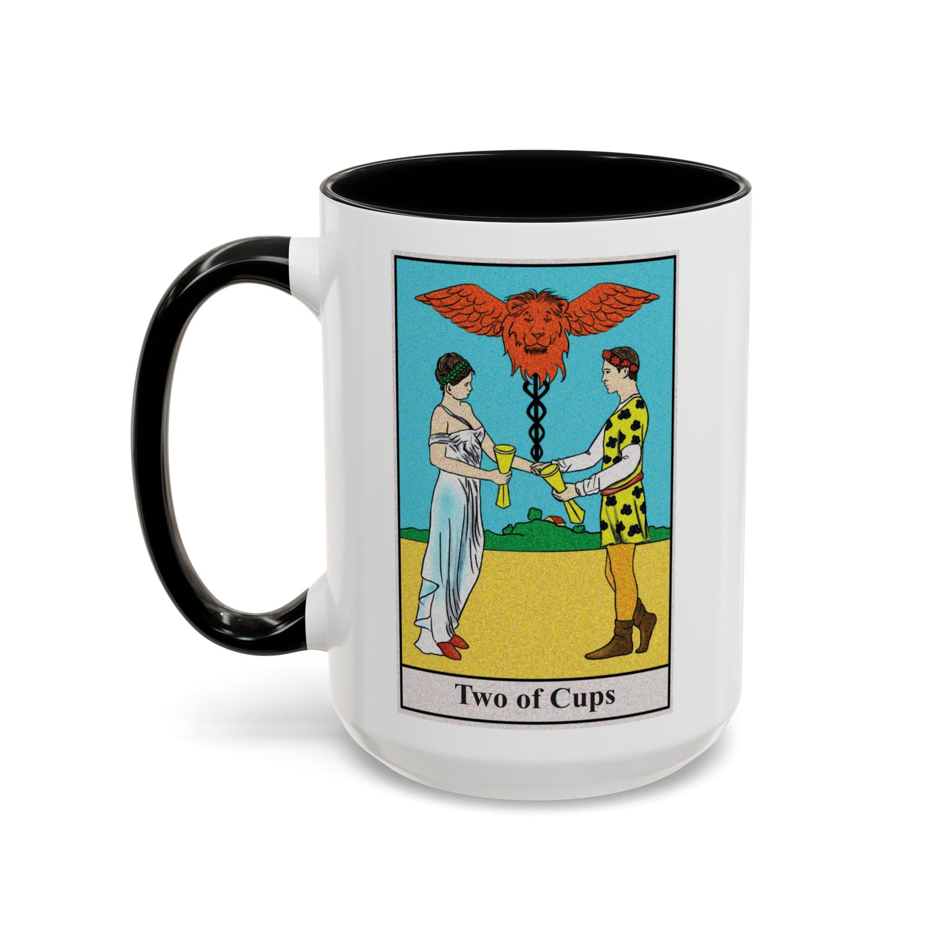 Two of Cups Tarot Card Coffee Mug - Double Sided Black Accent White Ceramic 15oz by TheGlassyLass.com