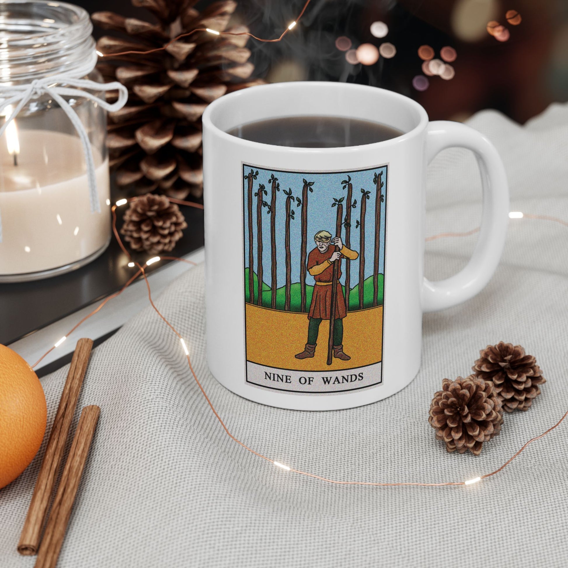 Nine of Wands of Wands Tarot Card Coffee Mug - Double Sided Print, White Ceramic, 11oz by TheGlassyLass.com
