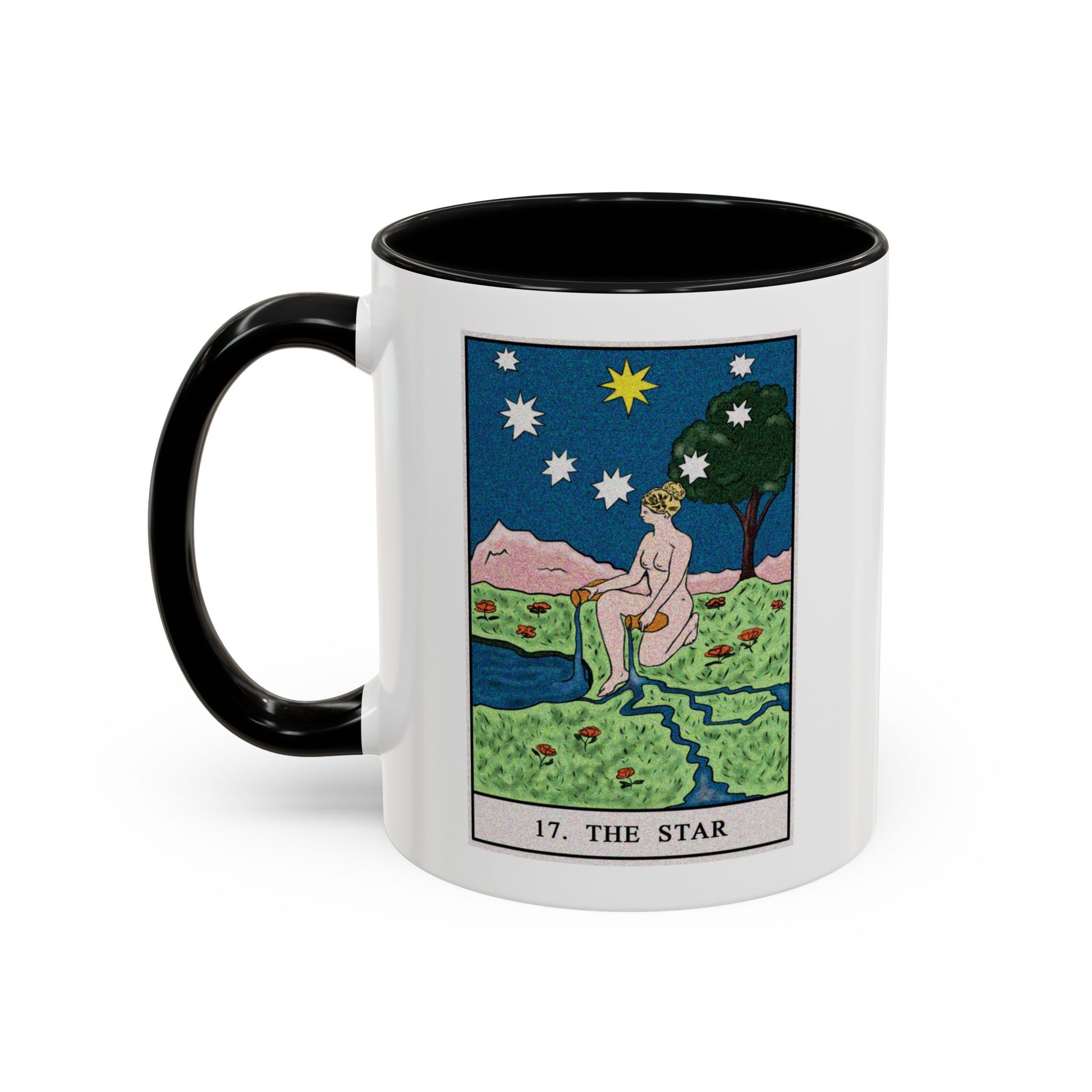 The Star Tarot Card Coffee Mug - Double Sided Print, Black Accent White Ceramic, 11oz by TheGlassyLass.com