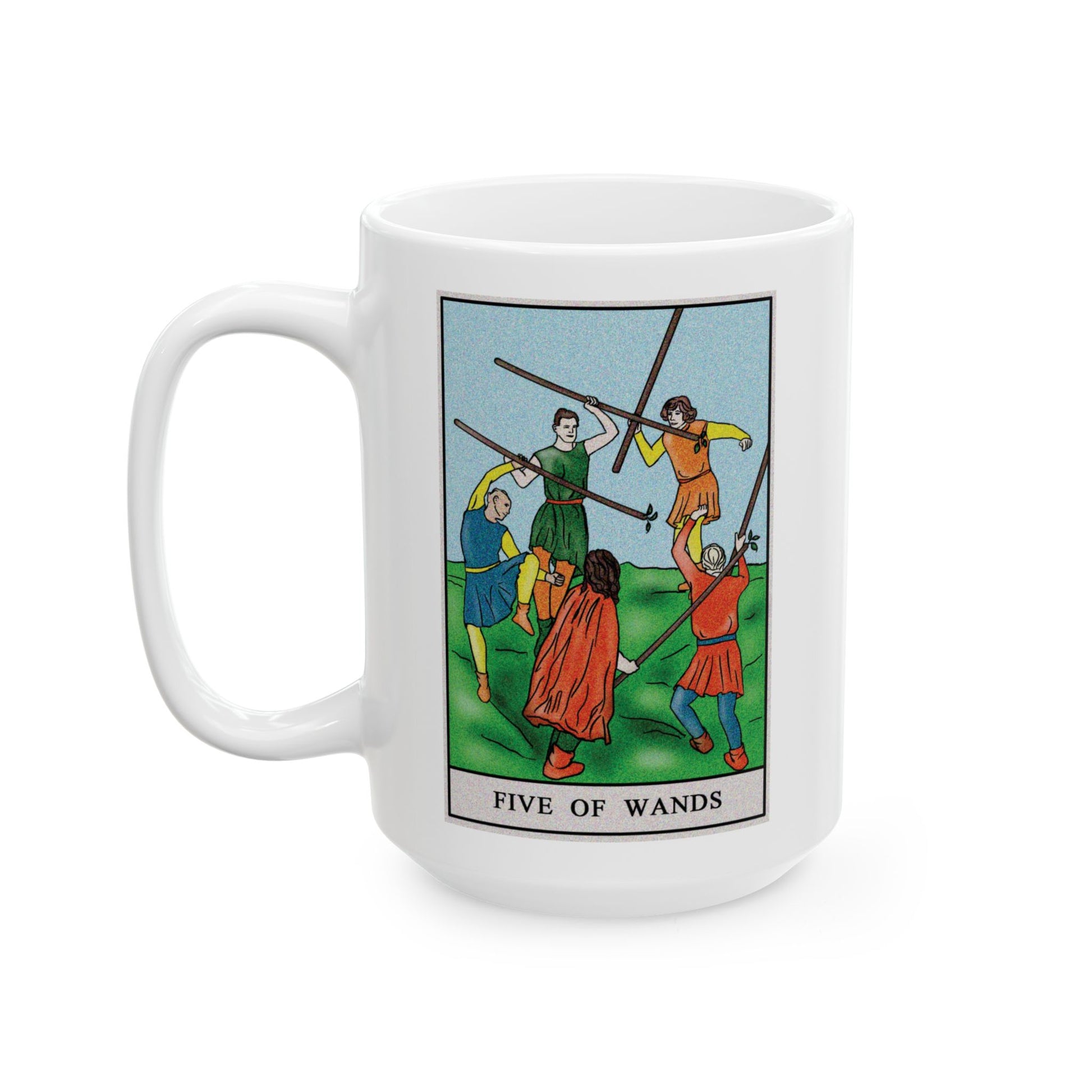 Five of Wands Tarot Card Coffee Mug - Double Sided White Ceramic 15oz by TheGlassyLass.com