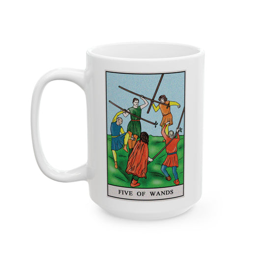 Five of Wands Tarot Card Coffee Mug - Double Sided White Ceramic 15oz by TheGlassyLass.com