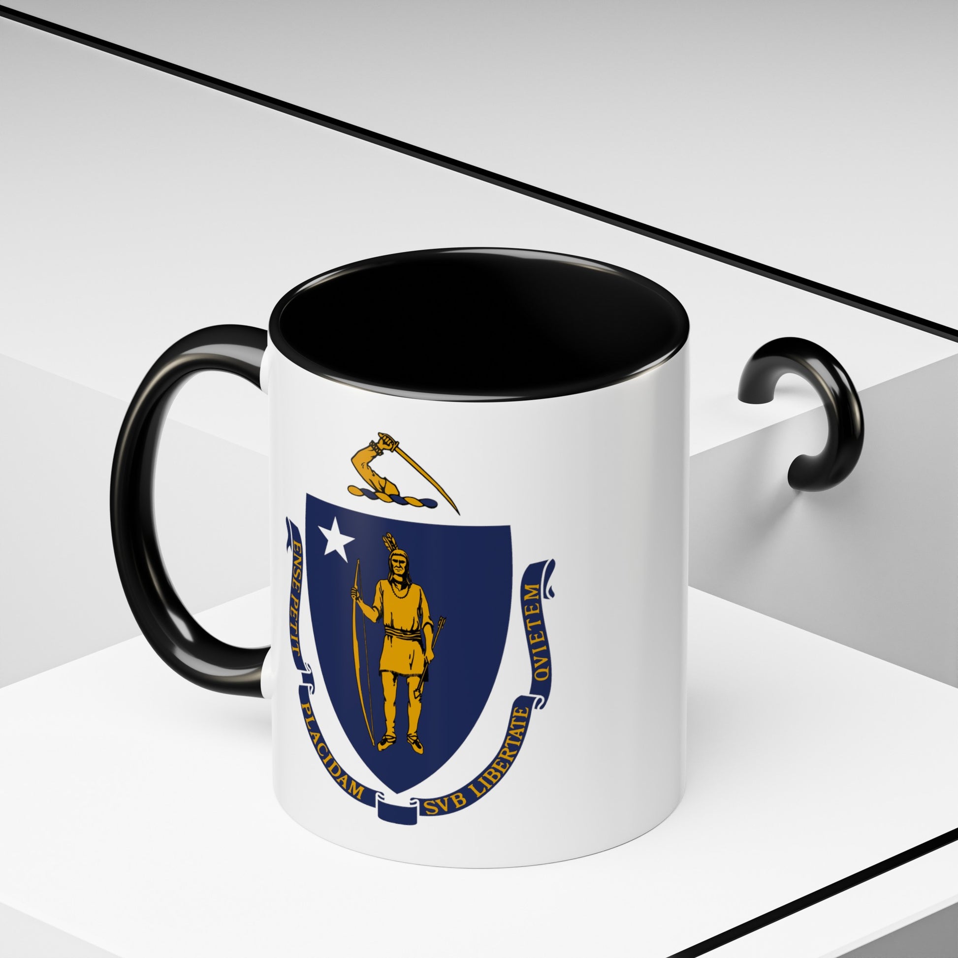 Commonwealth of Massachusetts State Flag - Double Sided Black Accent White Ceramic Coffee Mug 11oz by TheGlassyLass.com