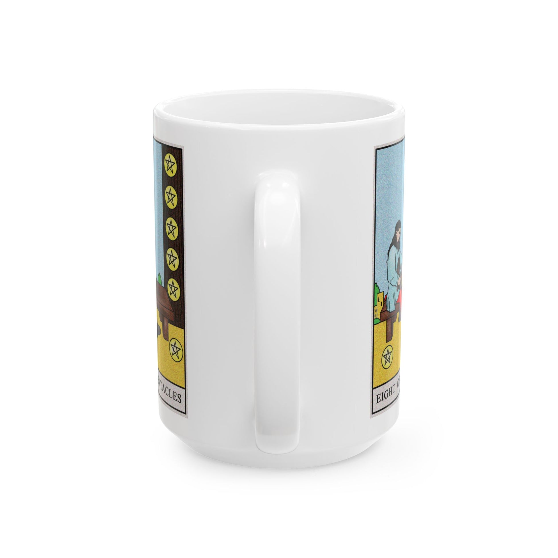Eight of Pentacles Tarot Card Coffee Mug - Double Sided White Ceramic 15oz by TheGlassyLass.com