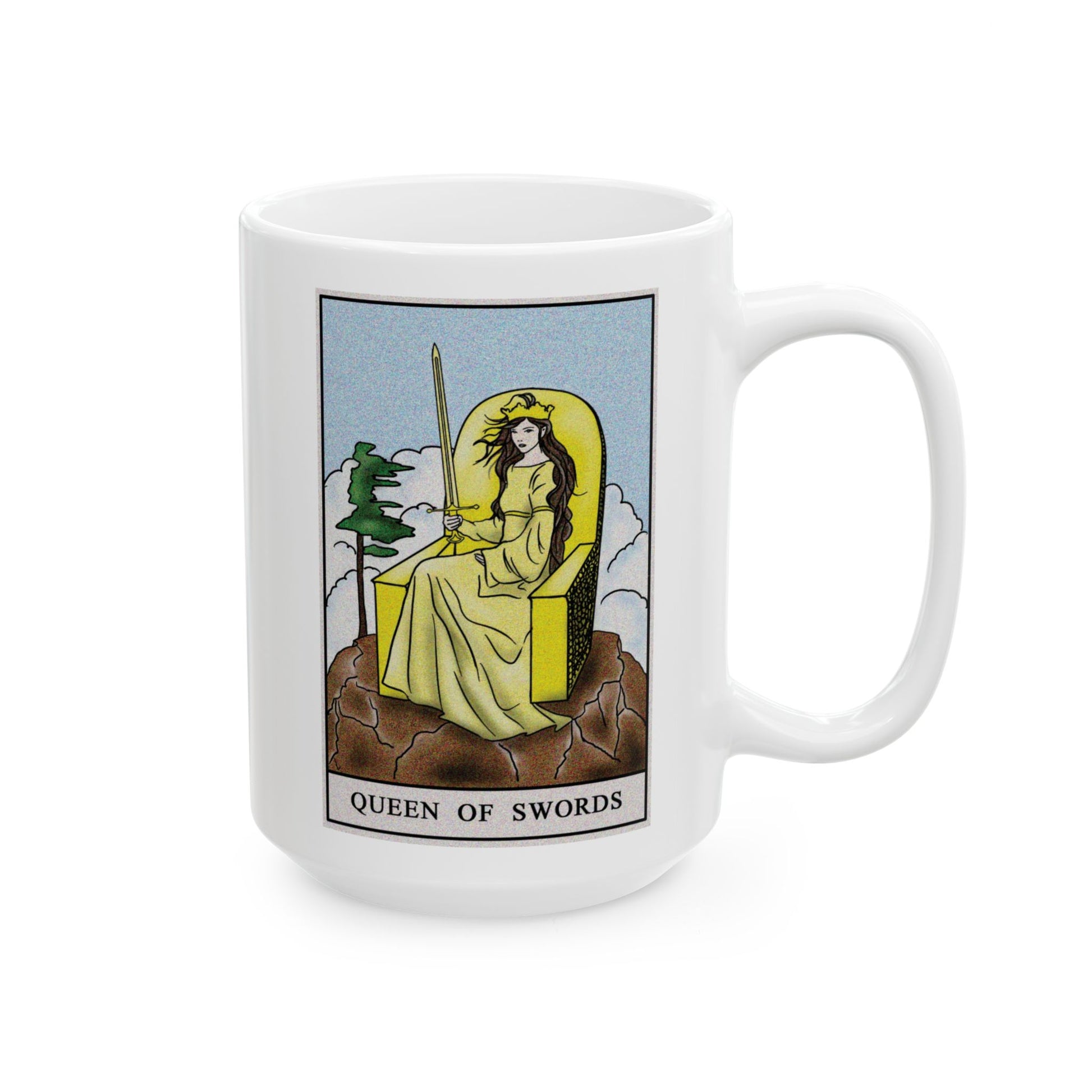 Queen of Swords Tarot Card Coffee Mug - Double Sided White Ceramic 15oz by TheGlassyLass.com