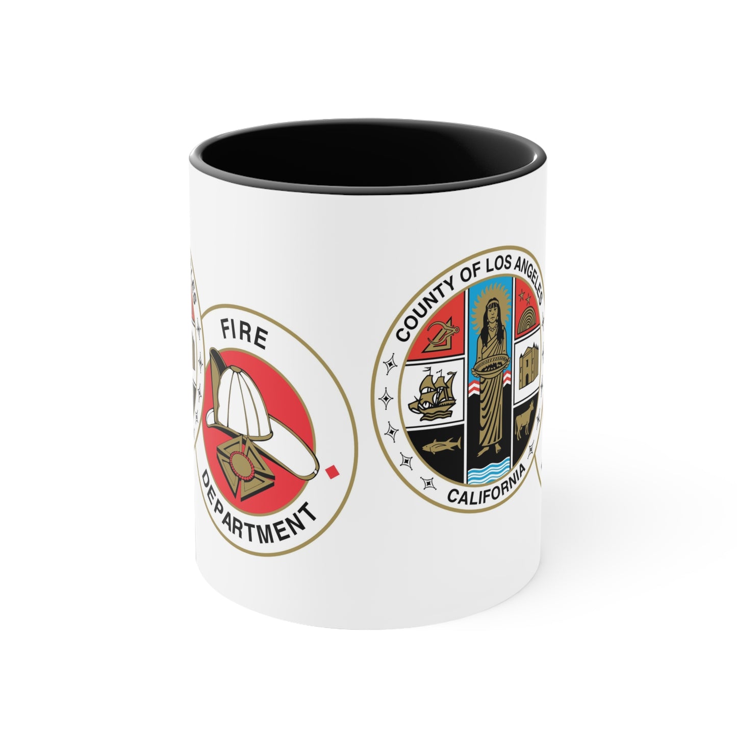 LA County Fire Department Coffee Mug - Double Sided Print Black Accent Two Tone White Ceramic 11oz by TheGlassyLass.com