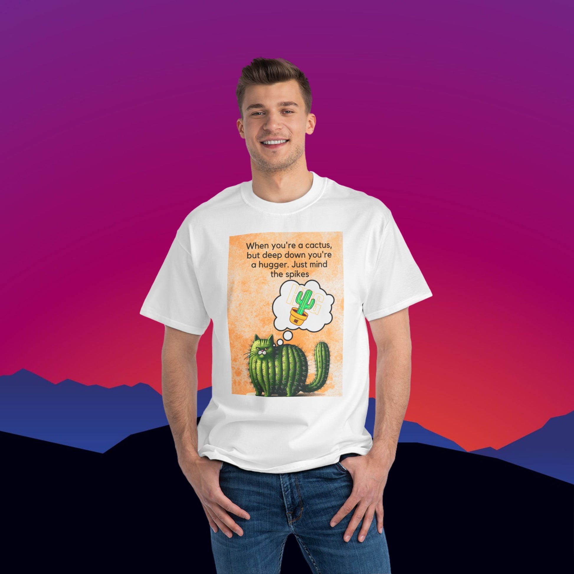 Cactus Hug Cat T-Shirt: (Hanes Beefy-T 100% Preshrunk Cotton Custom Printed by TheGlassyLass.com