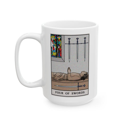 Four of Swords Tarot Card Coffee Mug - Double Sided White Ceramic 15oz by TheGlassyLass.com