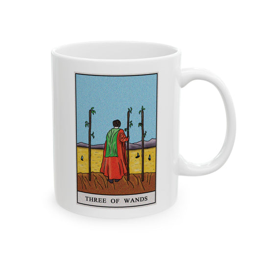 Three of Wands Tarot Card Coffee Mug - Double Sided Print, White Ceramic, 11oz by TheGlassyLass.com
