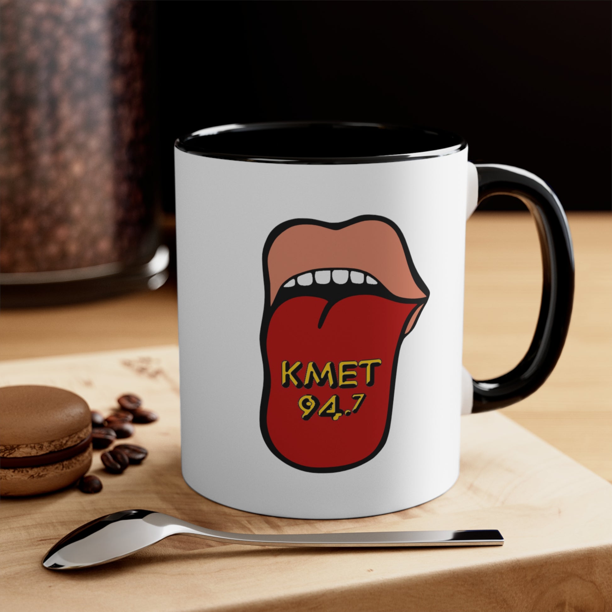 KMET Coffee Mug - Double Sided Black Accent White Ceramic 11oz by TheGlassyLass.com