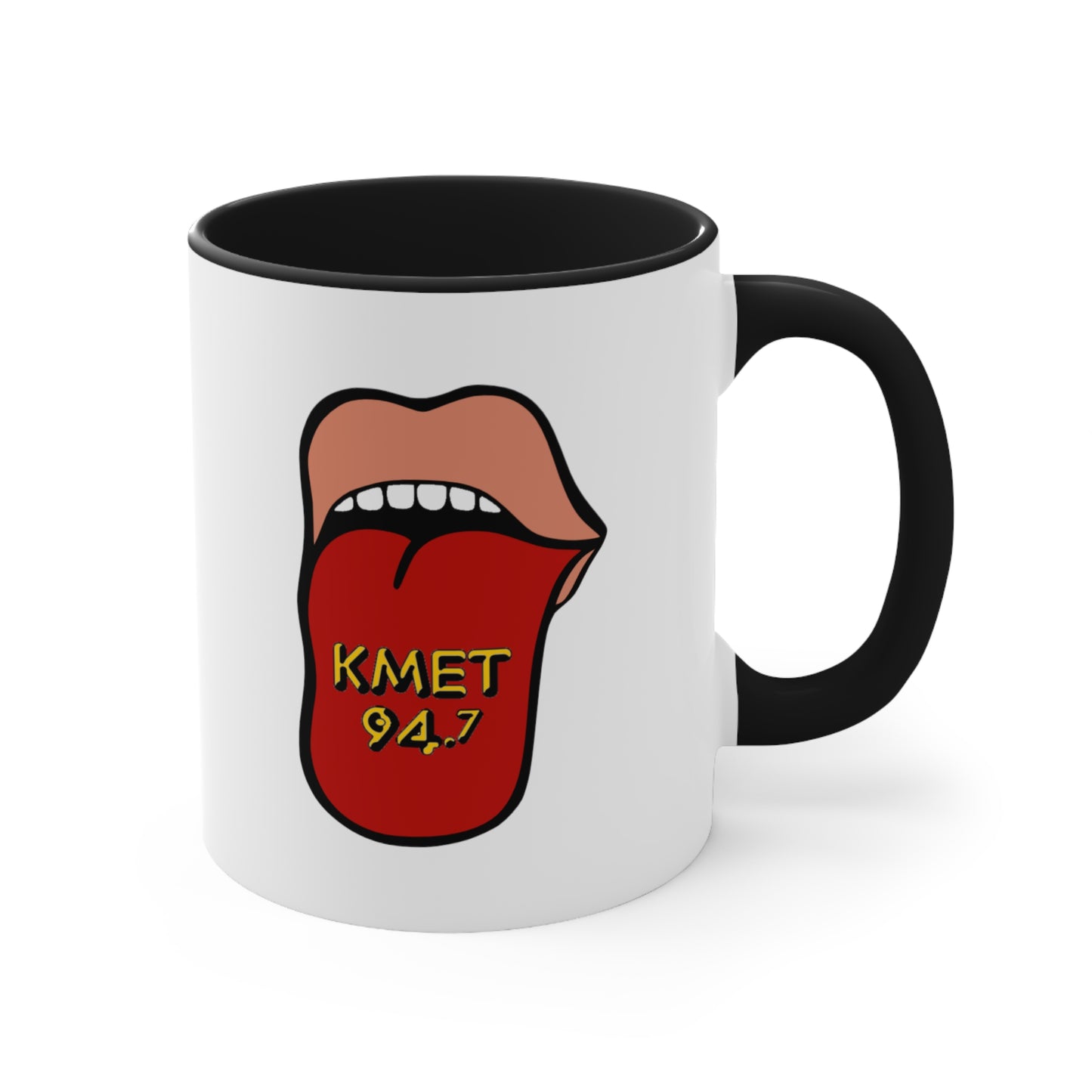 KMET Coffee Mug - Double Sided Black Accent White Ceramic 11oz by TheGlassyLass.com