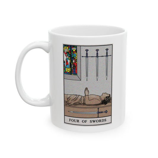 Four of Swords Tarot Card Coffee Mug - Double Sided Print, White Ceramic, 11oz by TheGlassyLass.com