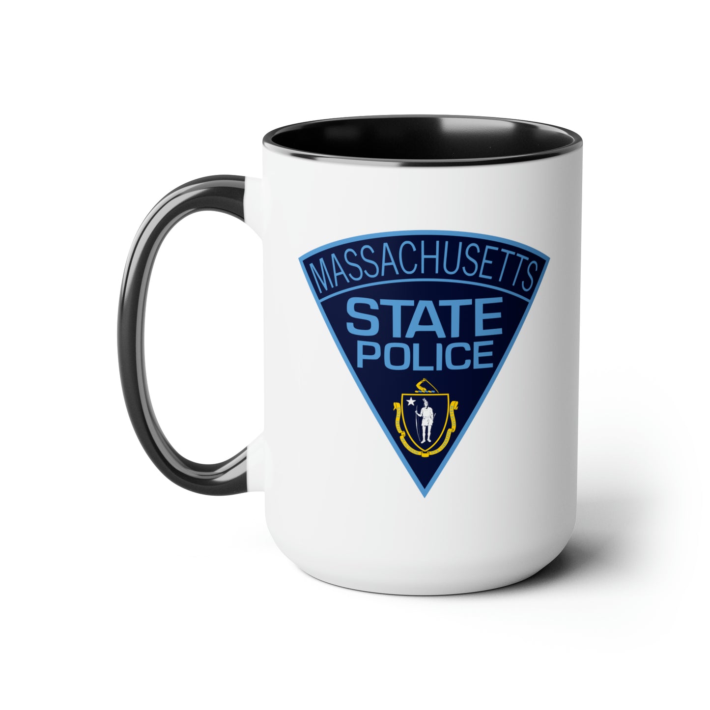 Massachusetts State Police Coffee Mug - Double Sided Black Accent White Ceramic 15oz by TheGlassyLass