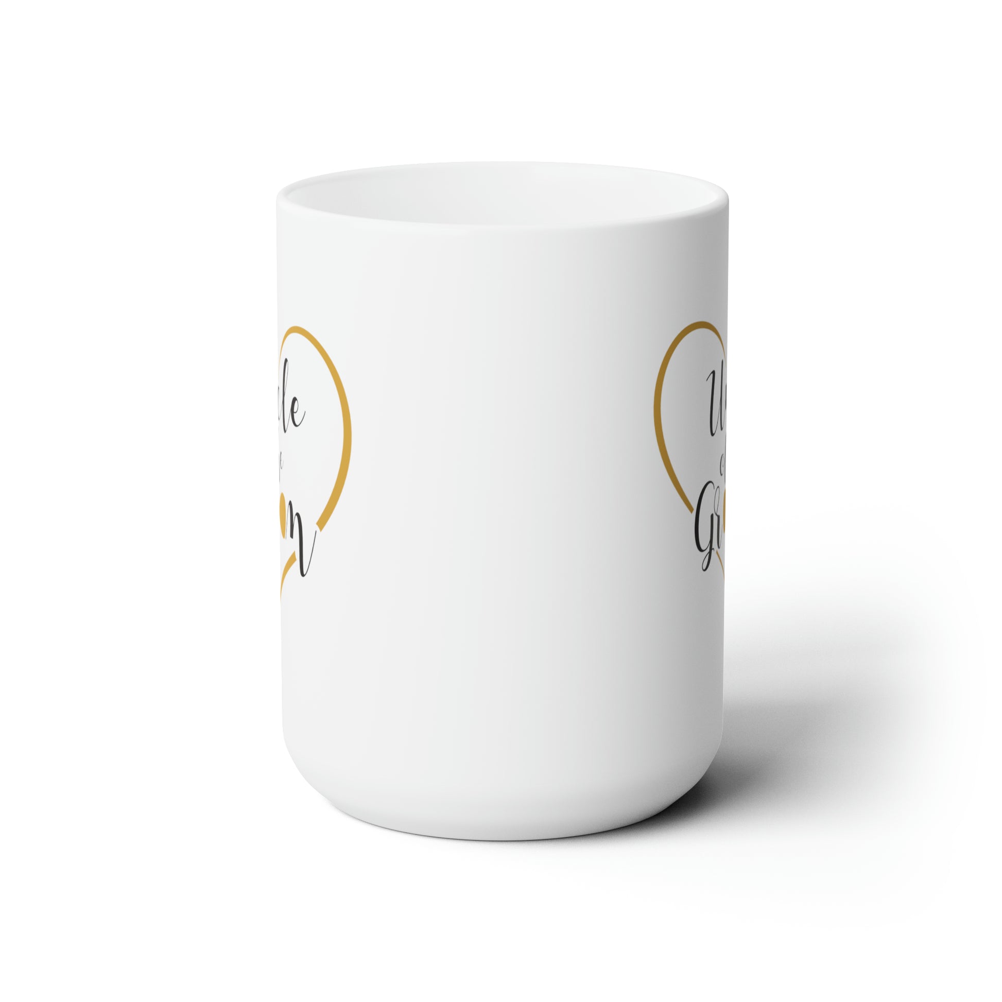 This listing is for a Premium Quality 15oz White Ceramic Coffee Mug with a double sided Uncle of the Groom design
