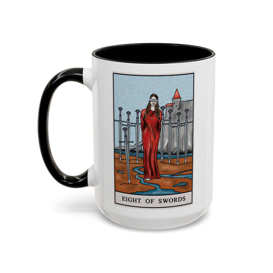 Eight of Swords Tarot Card Coffee Mug - Double Sided Black Accent White Ceramic 15oz by TheGlassyLass.com