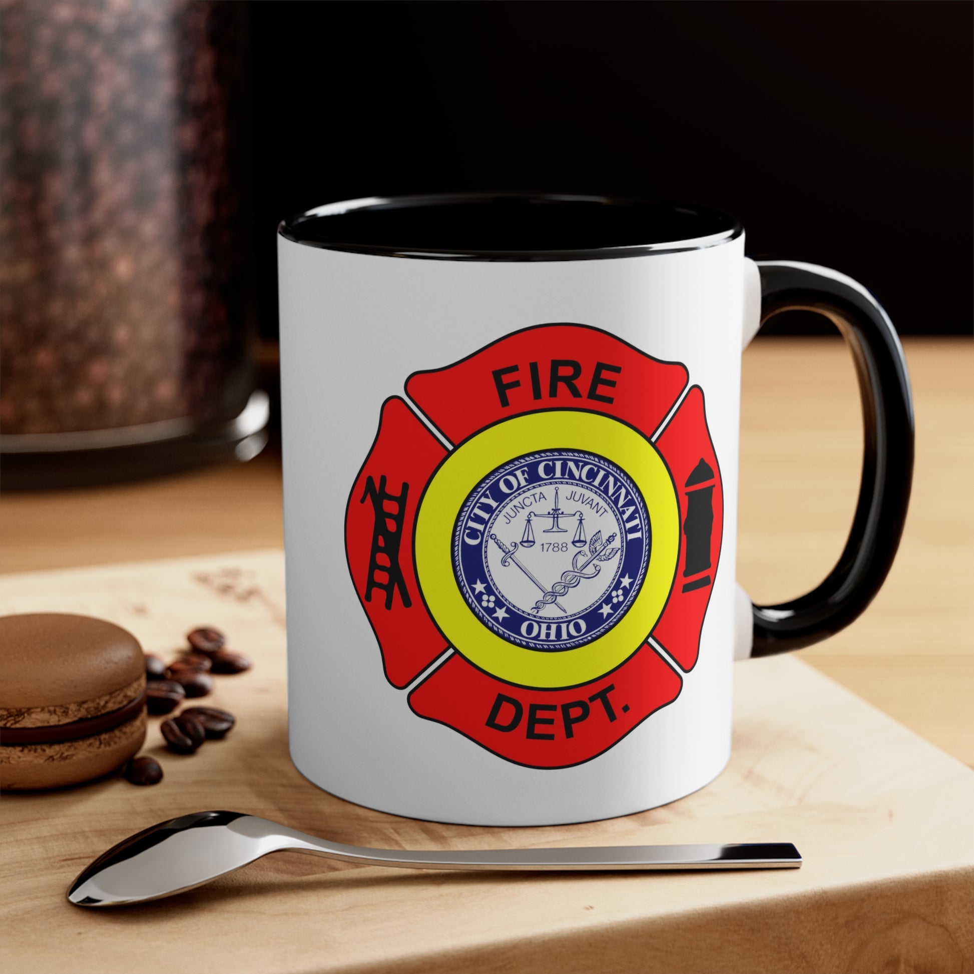 Cincinnati Fire Department Coffee Mug - Double Sided Black Accent White Ceramic 11oz by TheGlassyLass