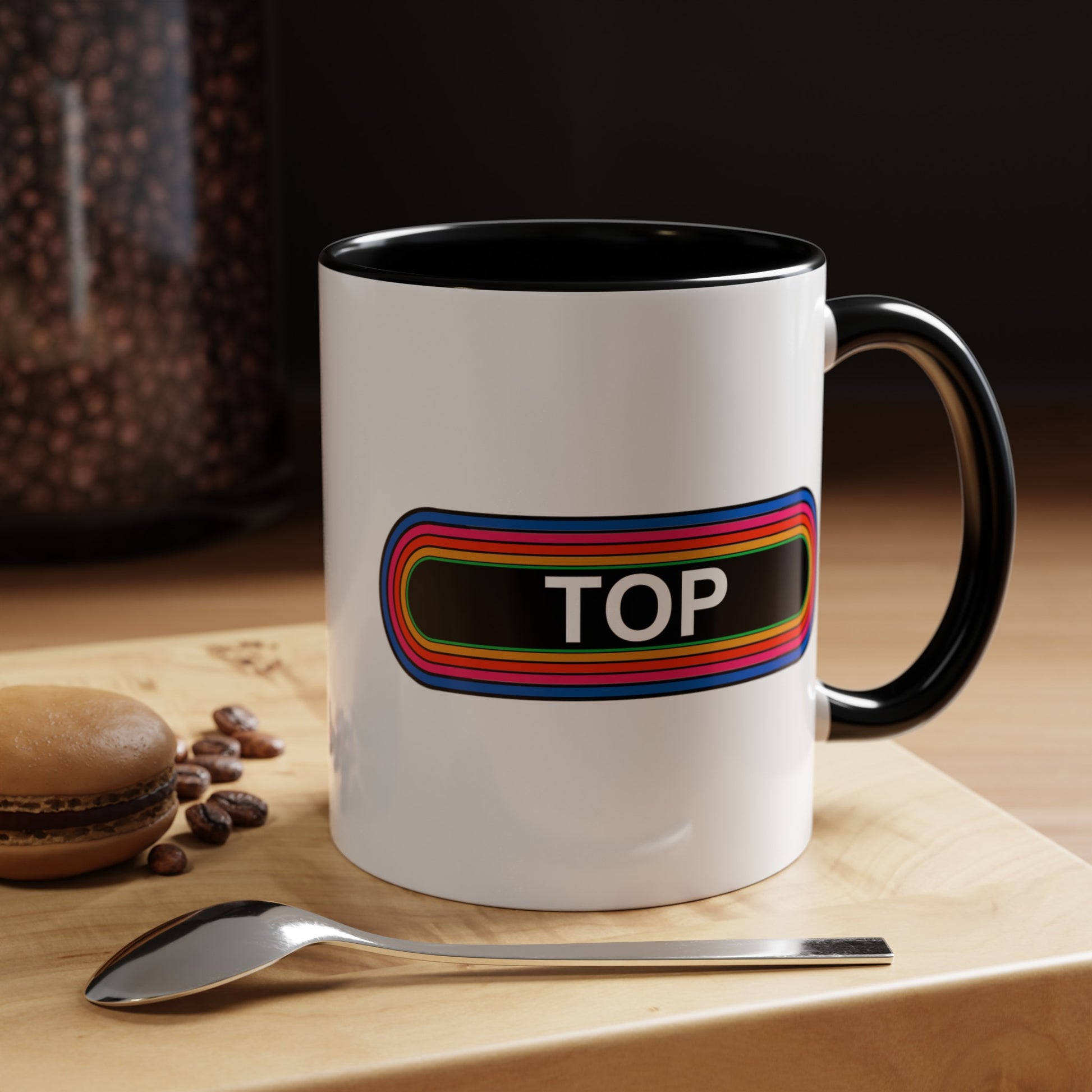 Rainbow TOP Pronouns Coffee Mug - Double Sided Black Accent Ceramic 11oz - by TheGlassyLass.com