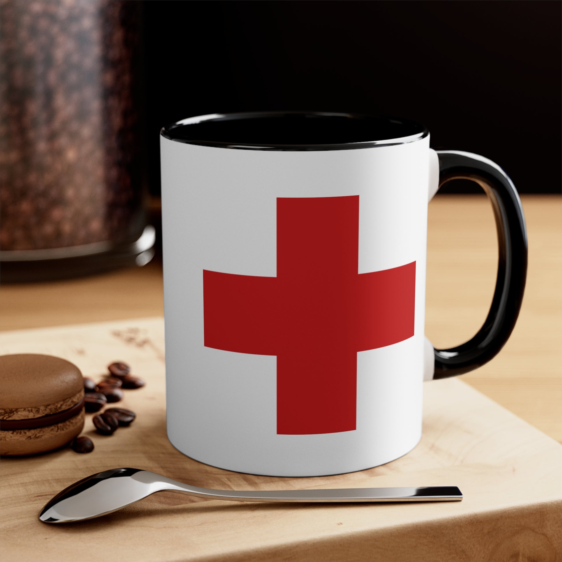 Red Cross Coffee Mug - Double Sided Black Accent White Ceramic 11oz by TheGlassyLass.com