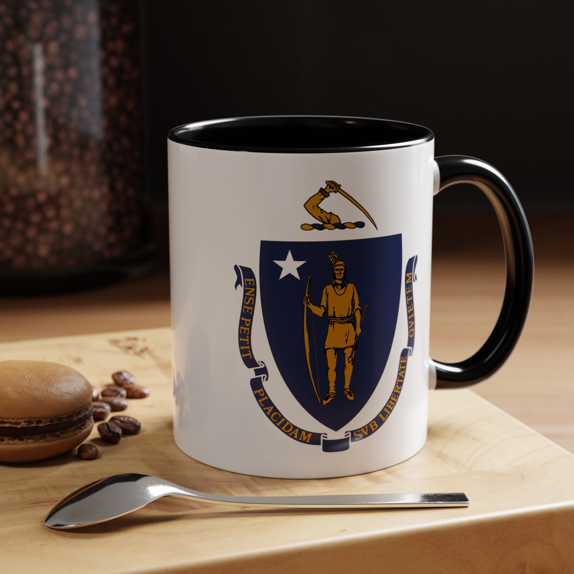 Commonwealth of Massachusetts State Flag - Double Sided Black Accent White Ceramic Coffee Mug 11oz by TheGlassyLass.com