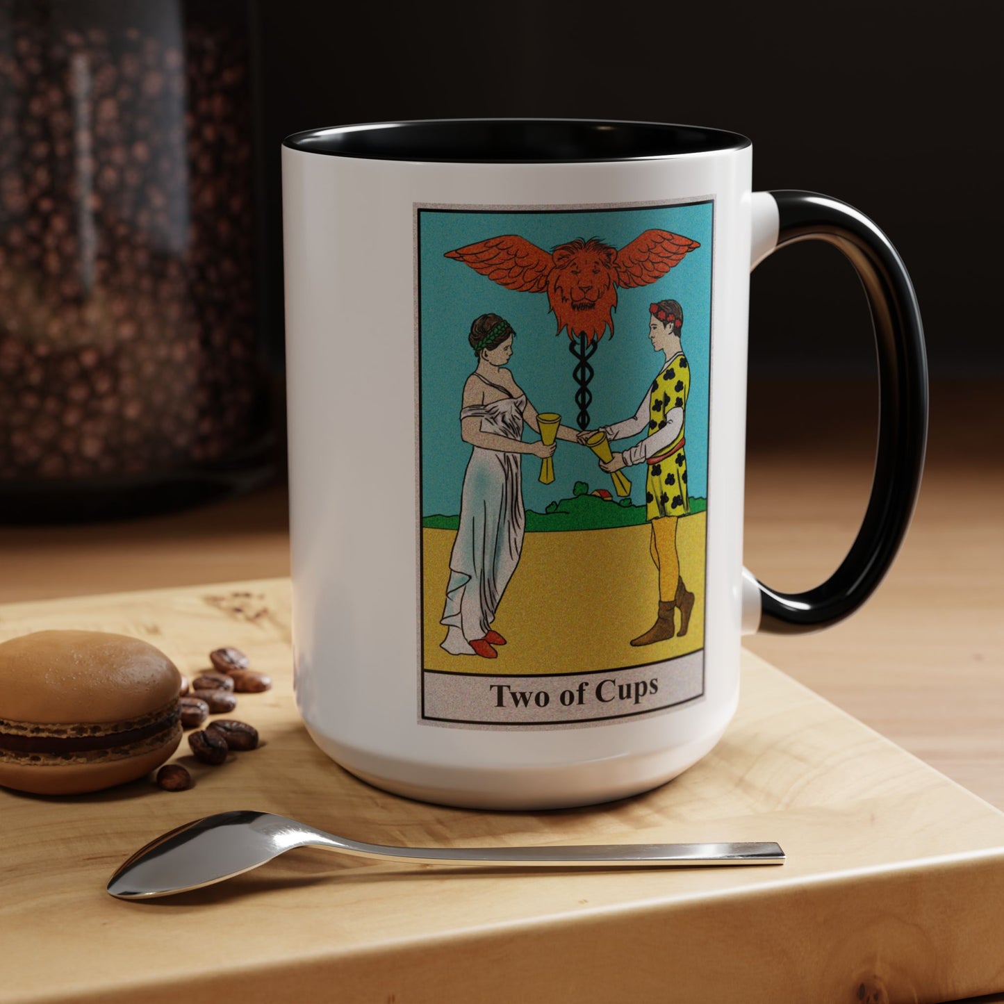 Two of Cups Tarot Card Coffee Mug - Double Sided Black Accent White Ceramic 15oz by TheGlassyLass.com