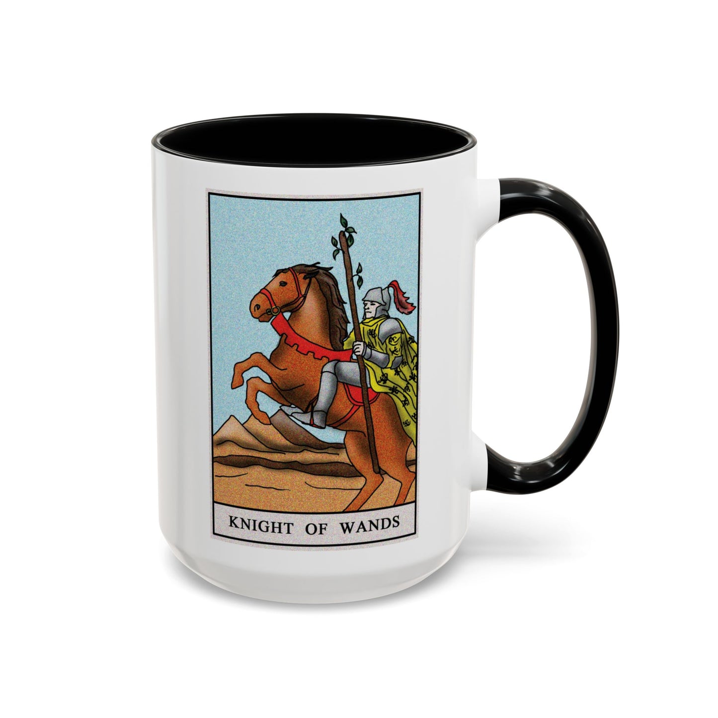 Knight of Wands Tarot Card Coffee Mug - Double Sided Black Accent White Ceramic 15oz by TheGlassyLass.com