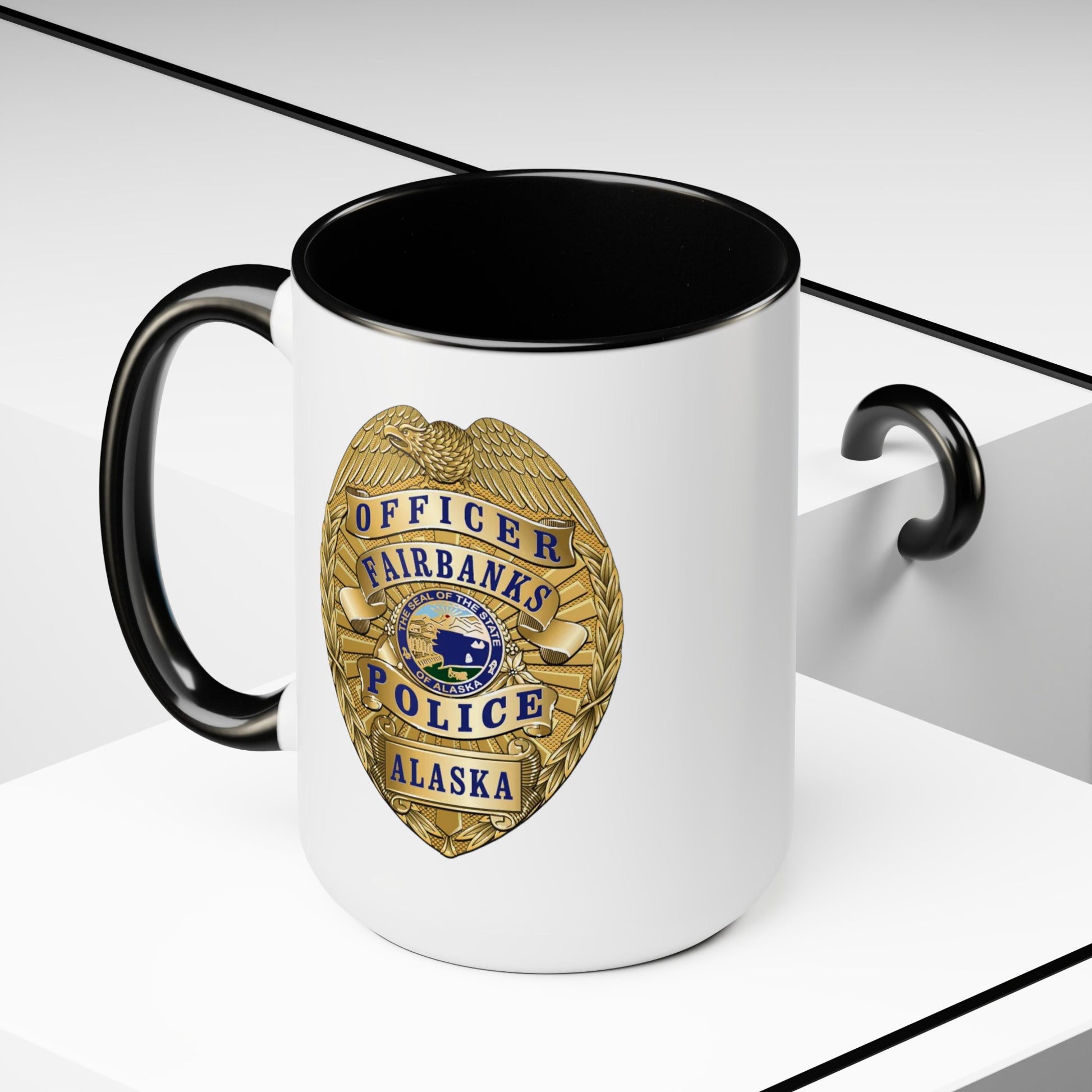 Fairbanks Police Badge Coffee Mug - Double Sided Black Accent White Ceramic 15oz by TheGlassyLass.com