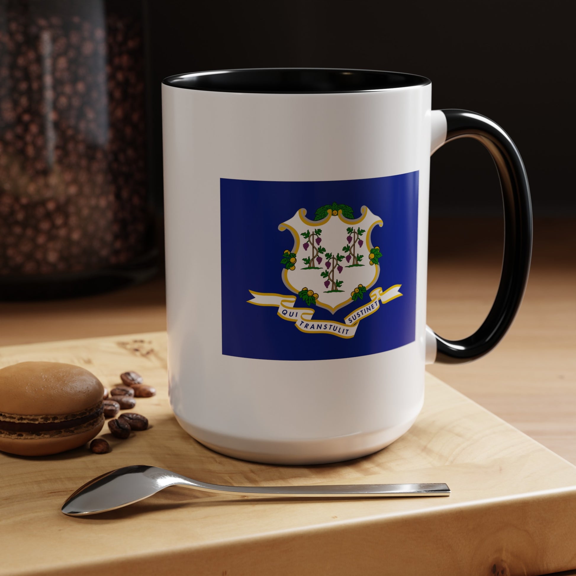 Connecticut State Flag - Double Sided Black Accent White Ceramic Coffee Mug 15oz by TheGlassyLass.com