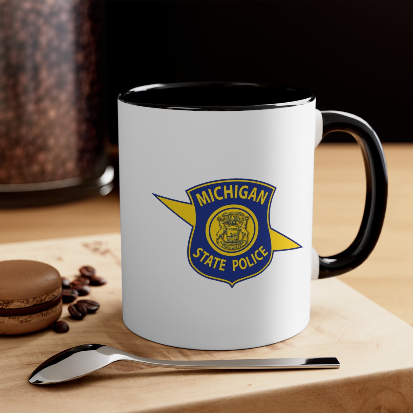 Michigan State Police Coffee Mug - Double Sided Black Accent White Ceramic 11oz by TheGlassyLass