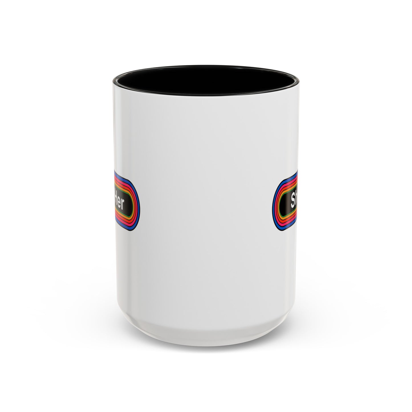 Rainbow She / Her Pronouns Coffee Mug - Double Sided Black Accent Ceramic 15oz - by TheGlassyLass.com