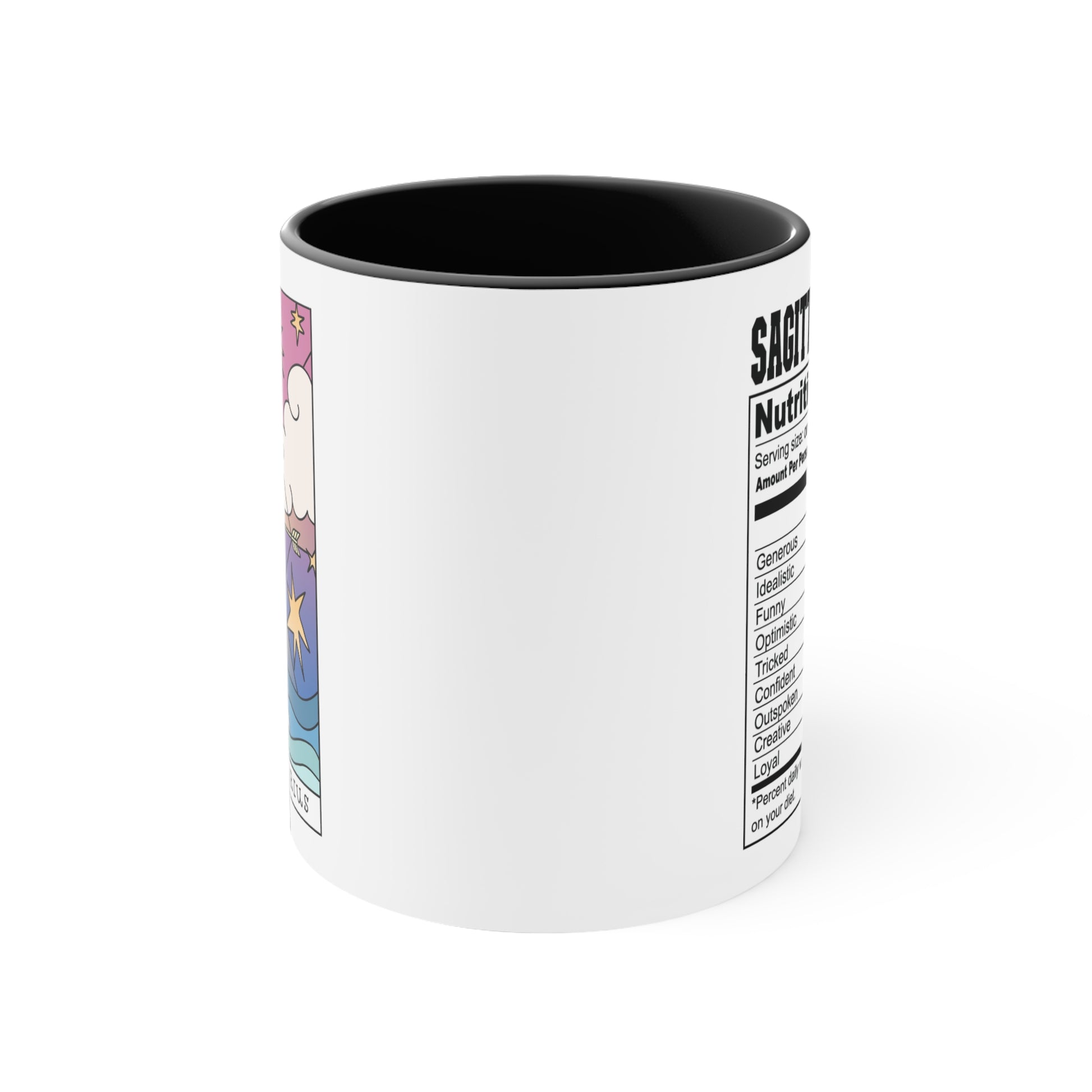 This listing is for a Premium Quality 11oz Black Accent White Ceramic coffee / tea mug with a double sided Sagittarius Tarot Card