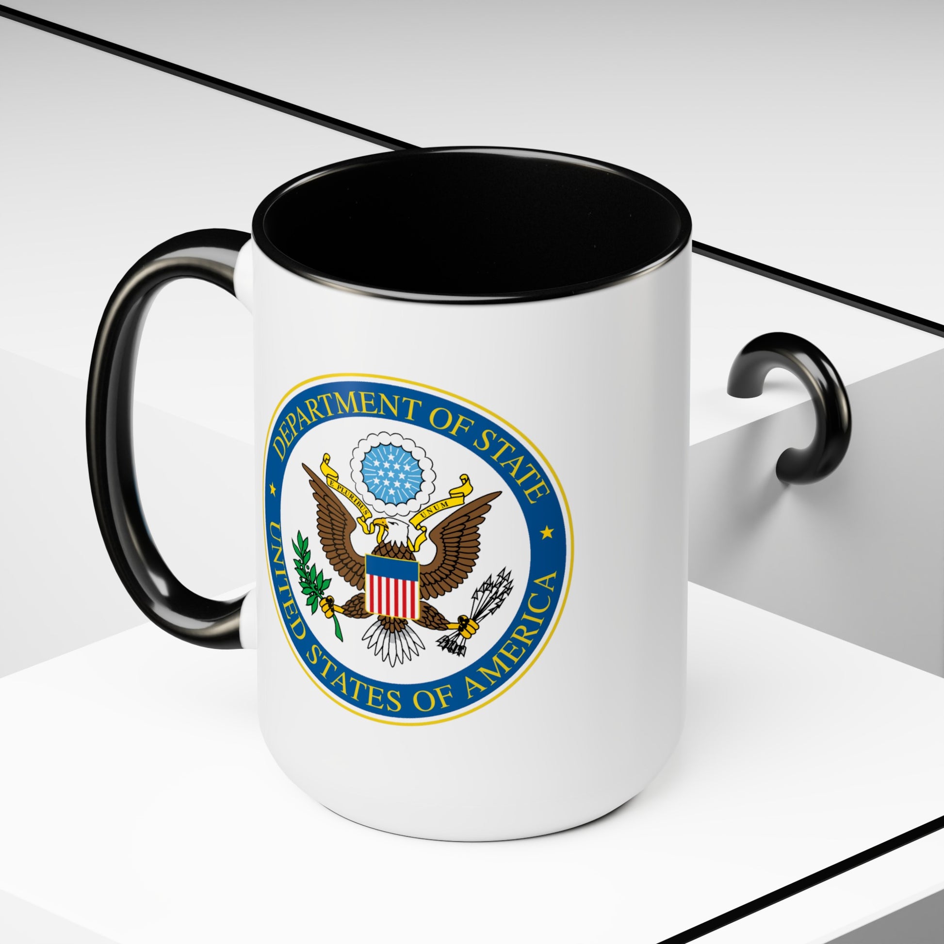 Department of State Coffee Mug - Double Sided Black Accent White Ceramic 15oz by TheGlassyLass.com
