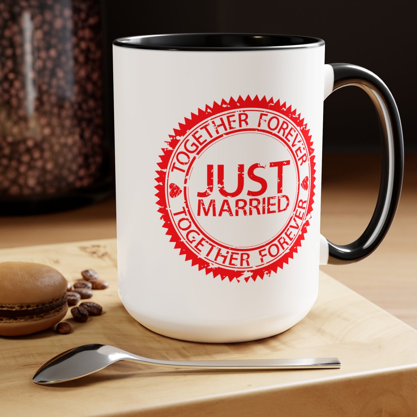 Just Married Coffee Mugs - Double Sided Black Accent White Ceramic 15oz by TheGlassyLass.com