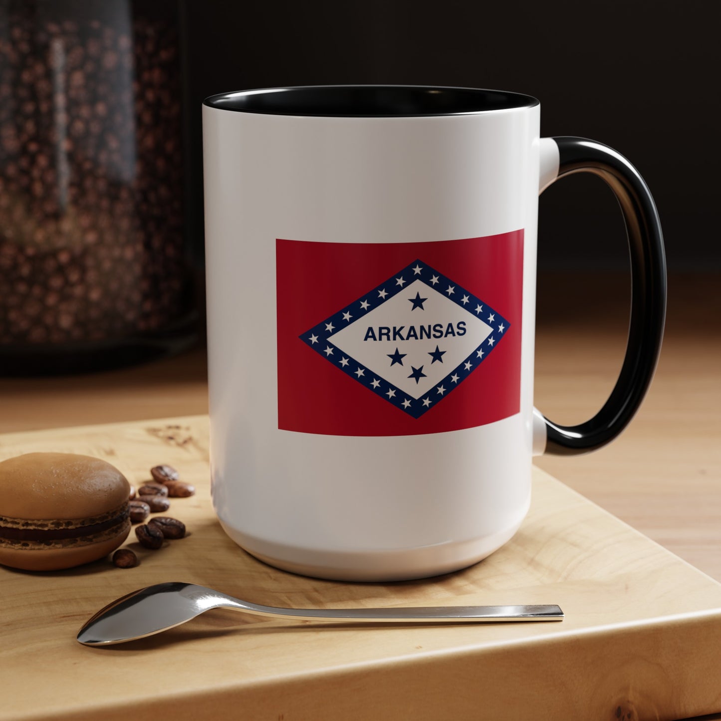 Arkansas State Flag - Double Sided Black Accent White Ceramic Coffee Mug 15oz by TheGlassyLass.com