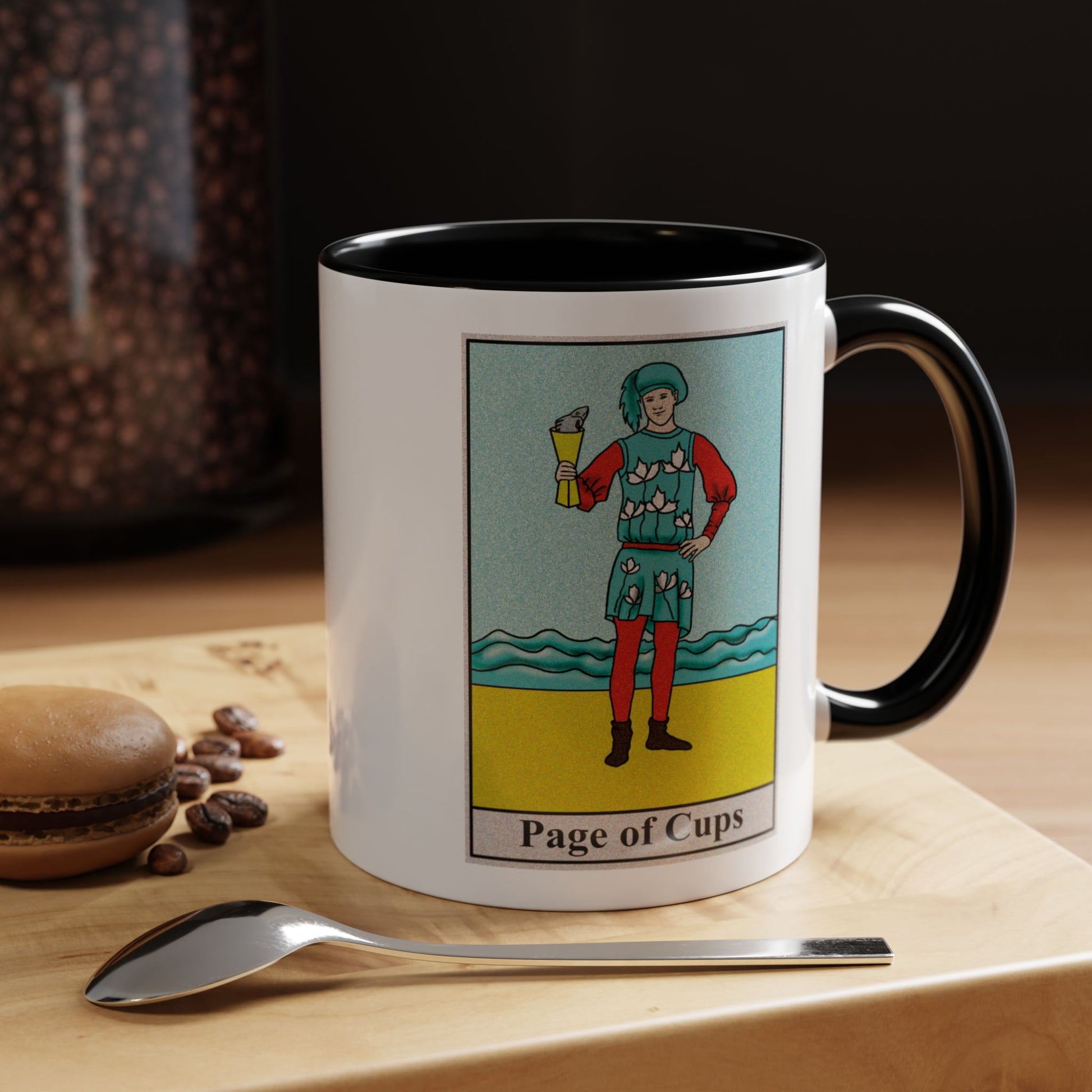 Page of Cups Tarot Card Coffee Mug - Double Sided Print, Black Accent White Ceramic, 11oz by TheGlassyLass.com