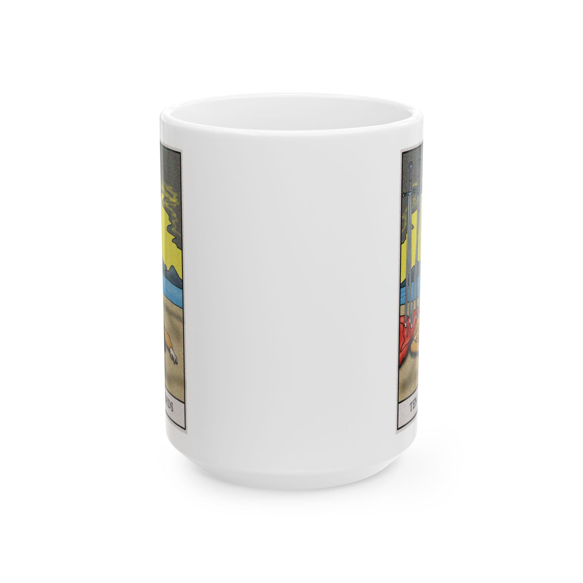 Ten of Swords Tarot Card Coffee Mug - Double Sided White Ceramic 15oz by TheGlassyLass.com