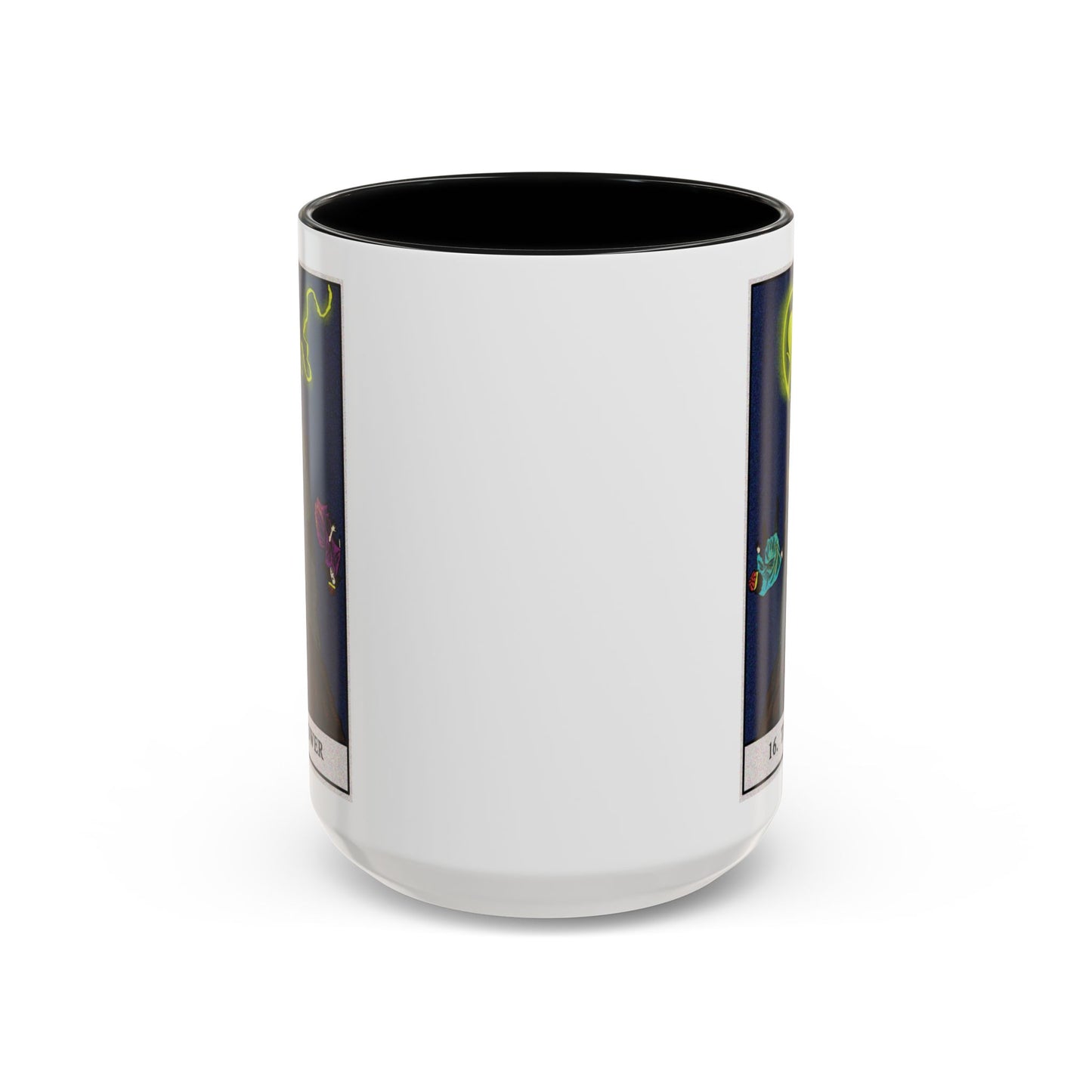 The Tower Tarot Card Coffee Mug - Double Sided Black Accent White Ceramic 15oz by TheGlassyLass.com