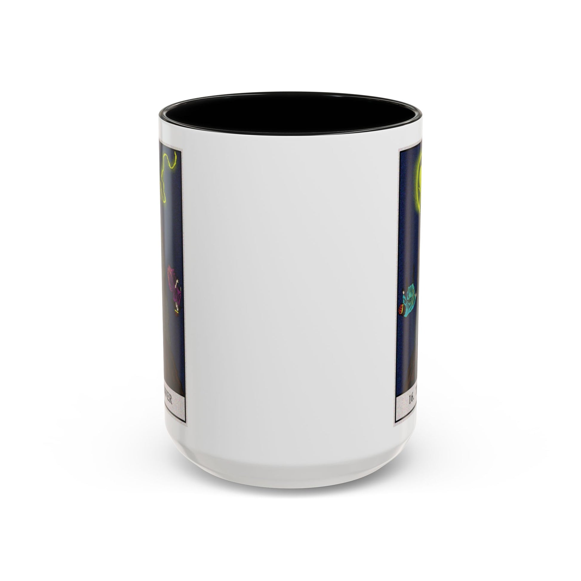 The Tower Tarot Card Coffee Mug - Double Sided Black Accent White Ceramic 15oz by TheGlassyLass.com