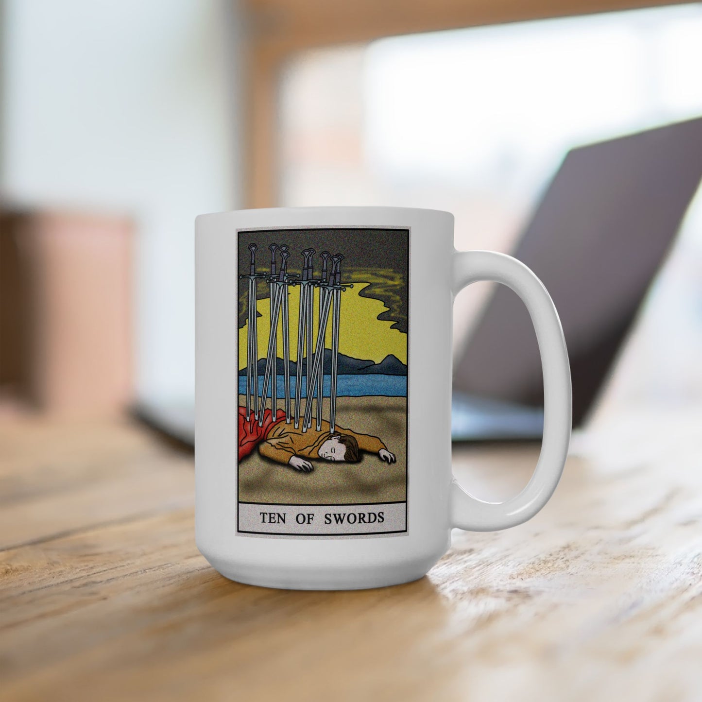 Ten of Swords Tarot Card Coffee Mug - Double Sided White Ceramic 15oz by TheGlassyLass.com