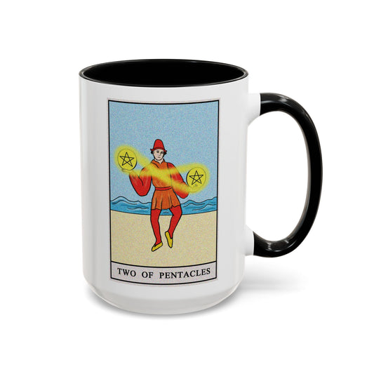 Two of Pentacles Tarot Card Coffee Mug - Double Sided Black Accent White Ceramic 15oz by TheGlassyLass.com