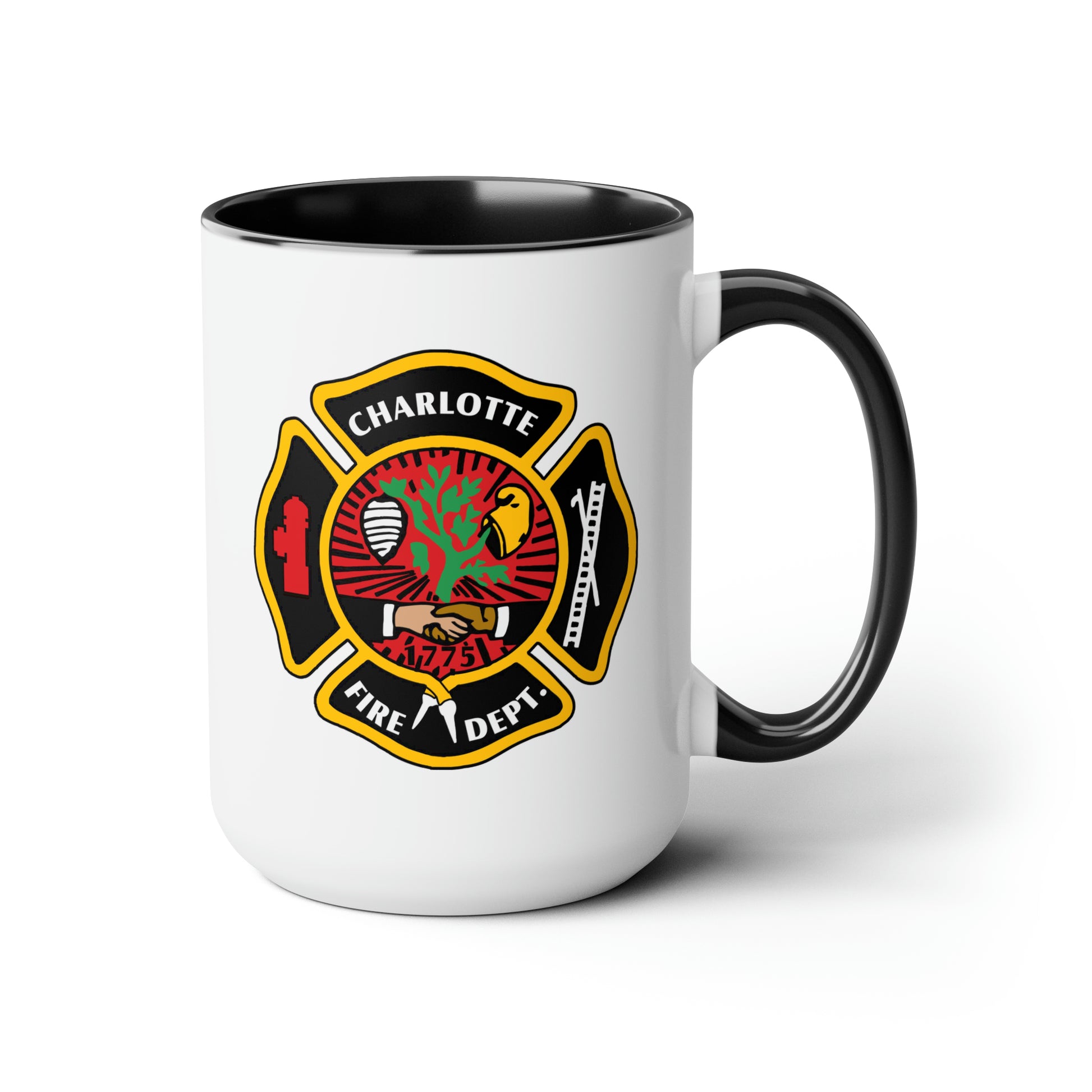 Charlotte Fire Department Coffee Mug - Double Sided Black Accent White Ceramic 15oz by TheGlassyLass