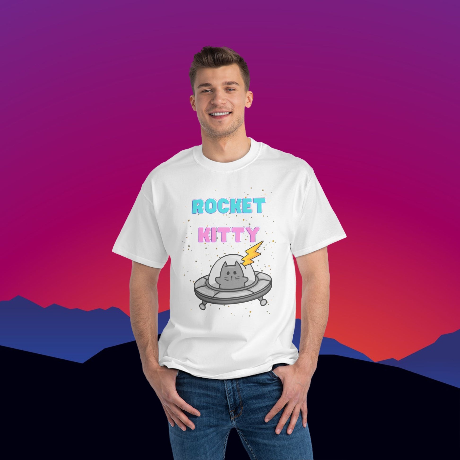 Rocket Kitty T-Shirt: (Hanes Beefy-T 100% Preshrunk Cotton Custom Printed by TheGlassyLass.com